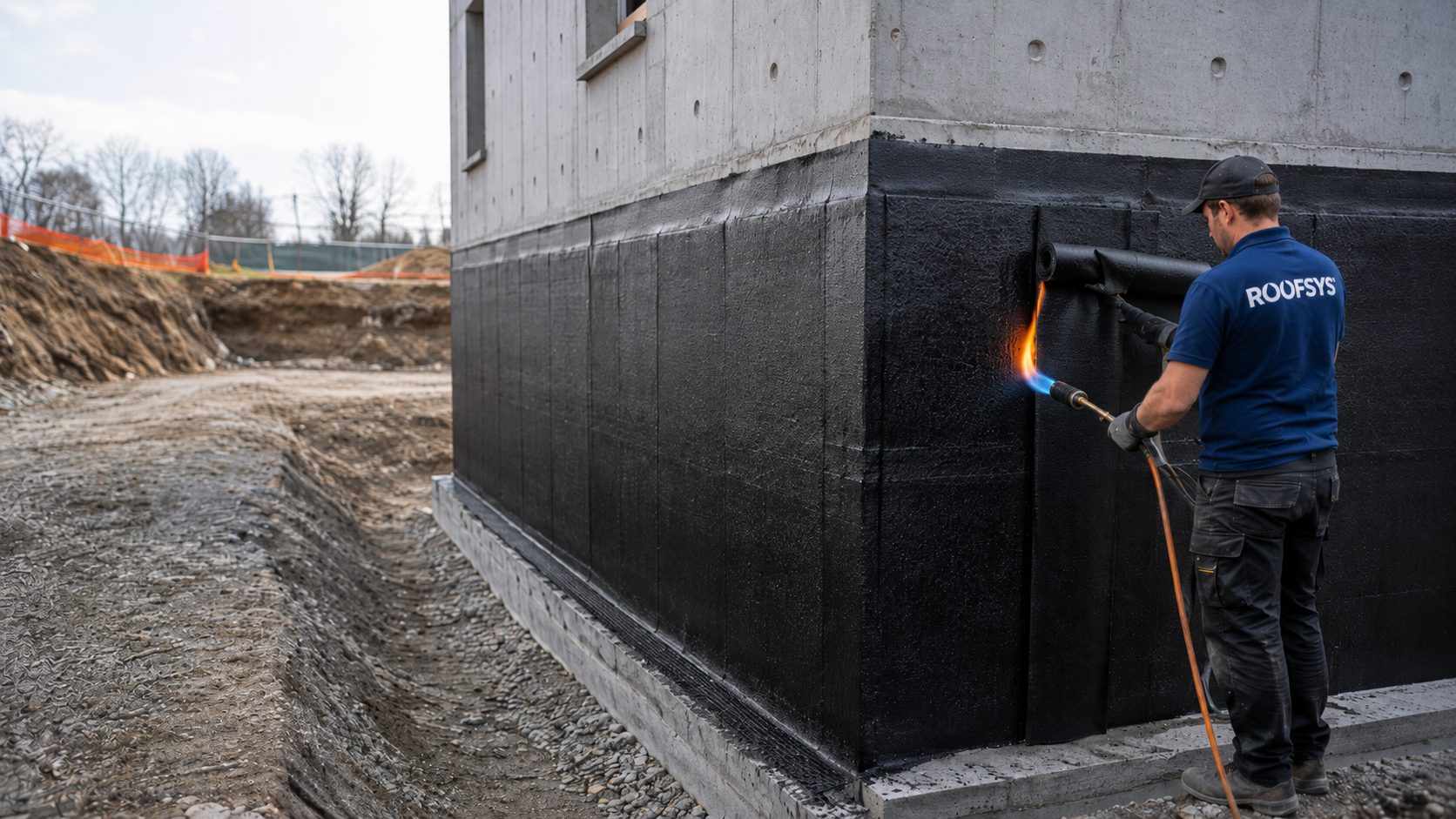 Technik ROOFSYS zatavuje asfaltový pás na svislé izolaci spodní stavby