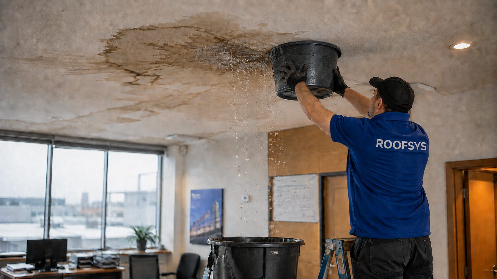 Technik ROOFSYS odvádí vodu zatékající z poškozeného stropu
