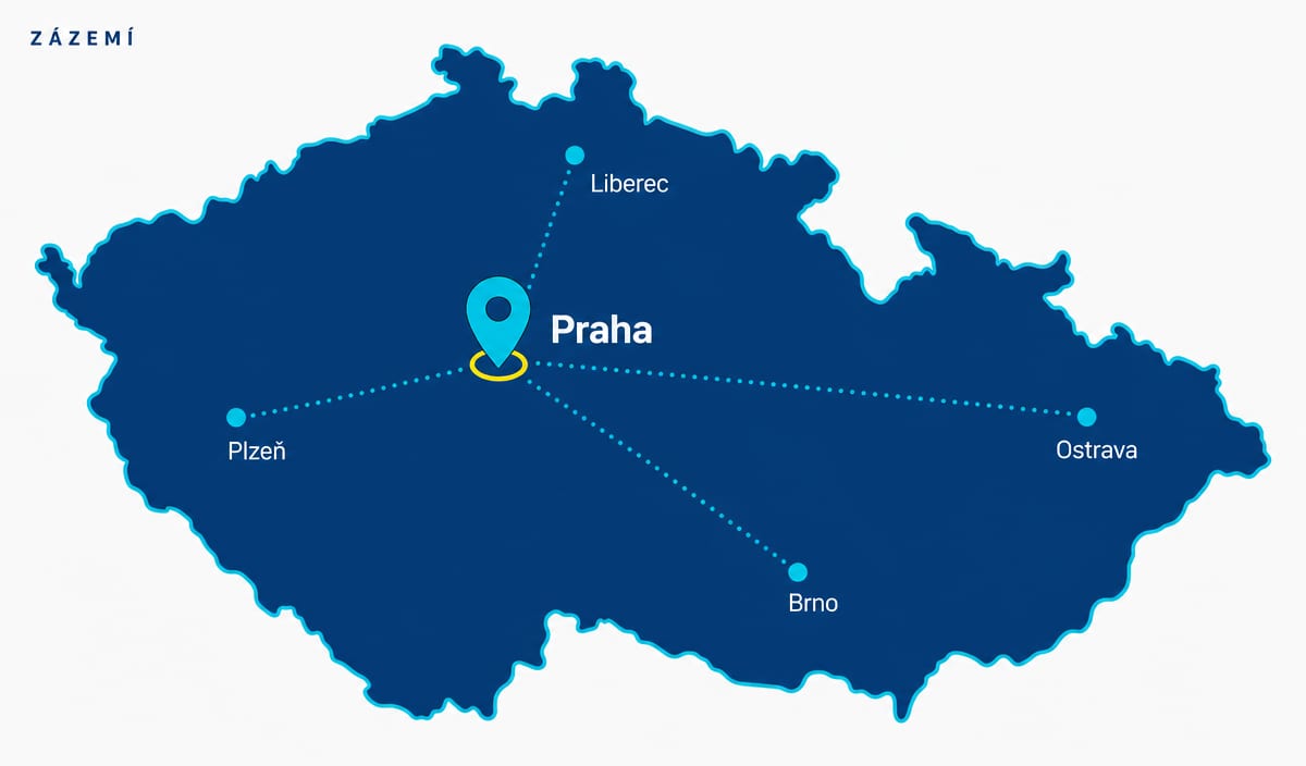 Mapa působnosti ROOFSYS po celé České republice se zázemím v Praze