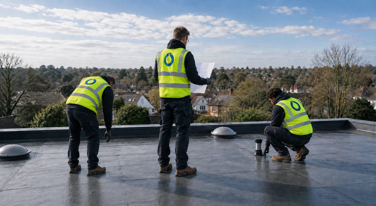 Tým ROOFSYS při práci na ploché střeše
