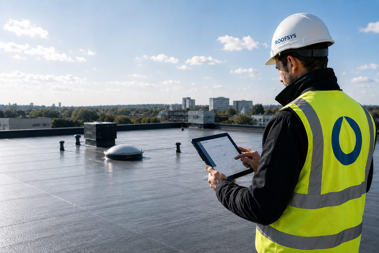 Technik ROOFSYS pasportizuje plochou střechu s tabletem
