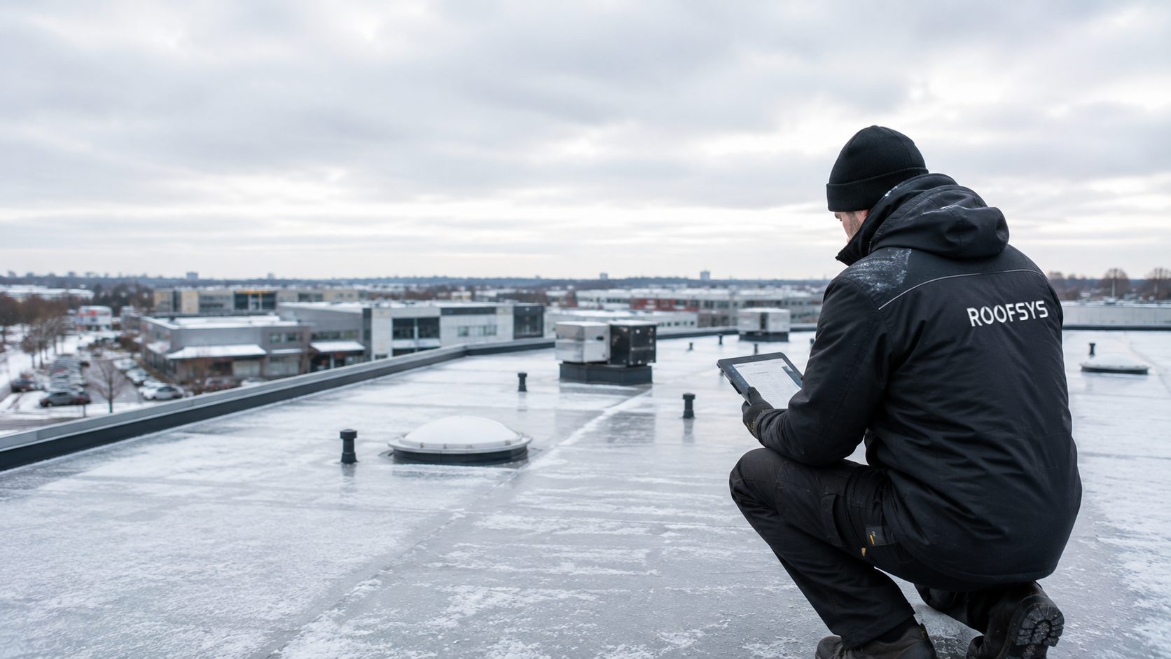 Technik ROOFSYS kontroluje střechu s tabletem v rámci servisní smlouvy